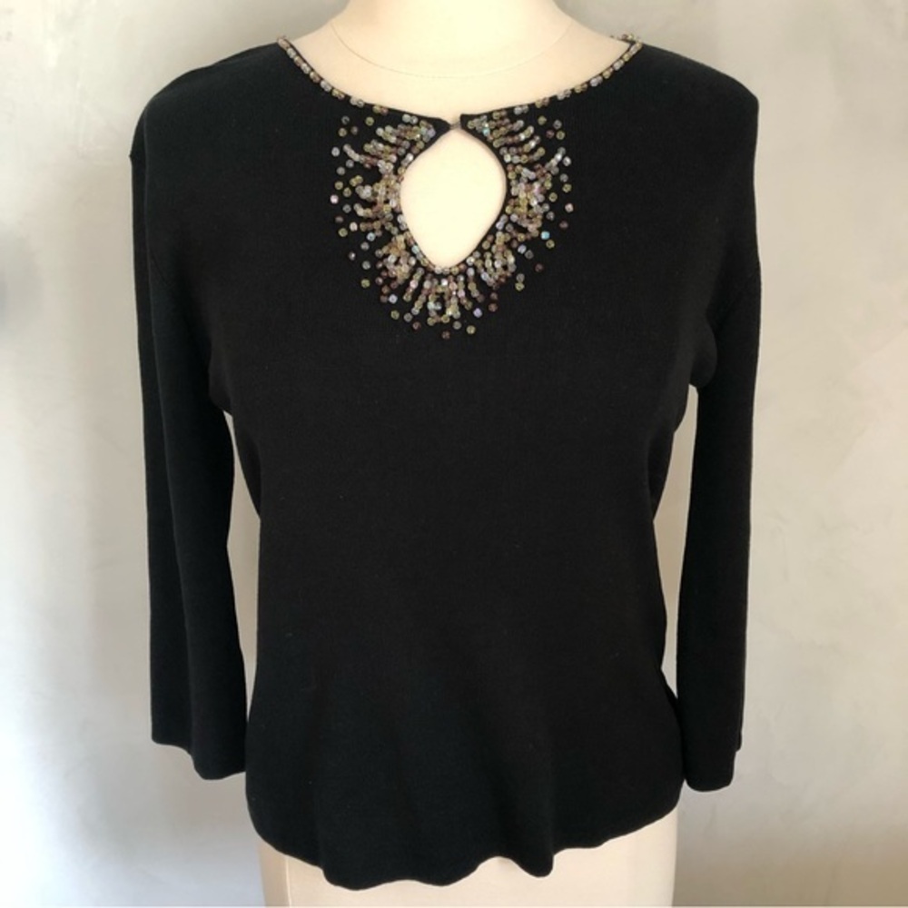 Joseph A Silk Black sweater/top with bead design around the collar Size Large